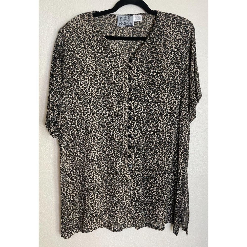 M.P.H. Collection Womens 1X Blouse Tan Black Leopard Print Button Front Rayon